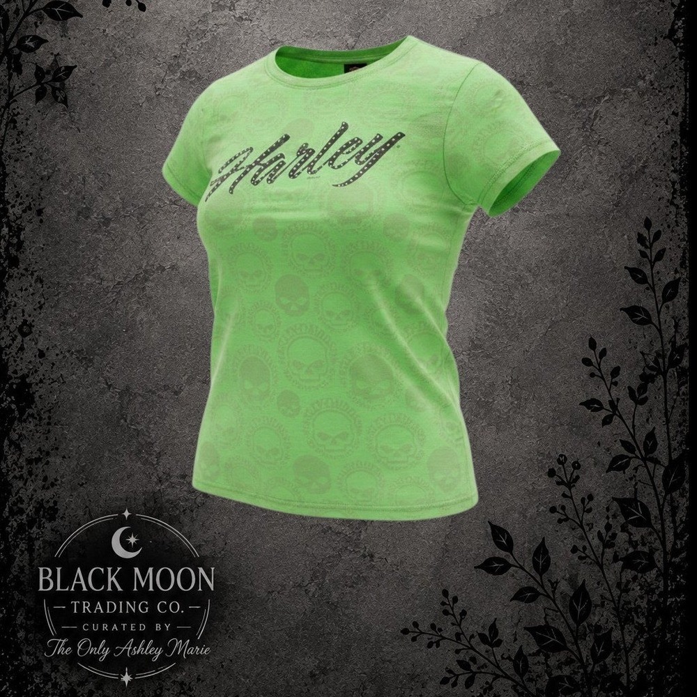 Harley-Davidson Women's Large Green Skull Rhinestone Graphic Biker T-Shirt